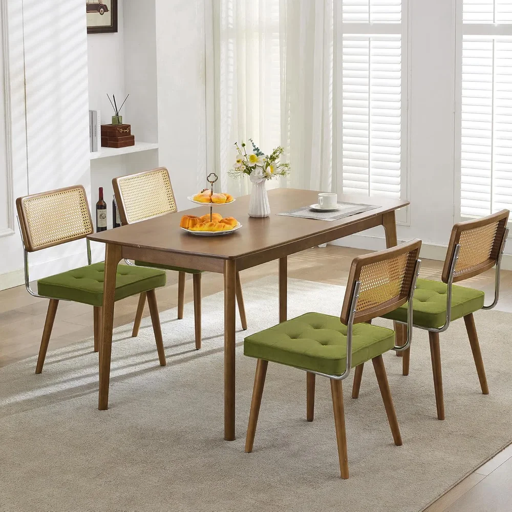 Natural Rattan Dining Chairs with Velvet Upholstery