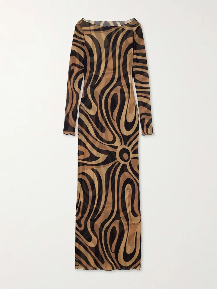 printed mesh maxi dress