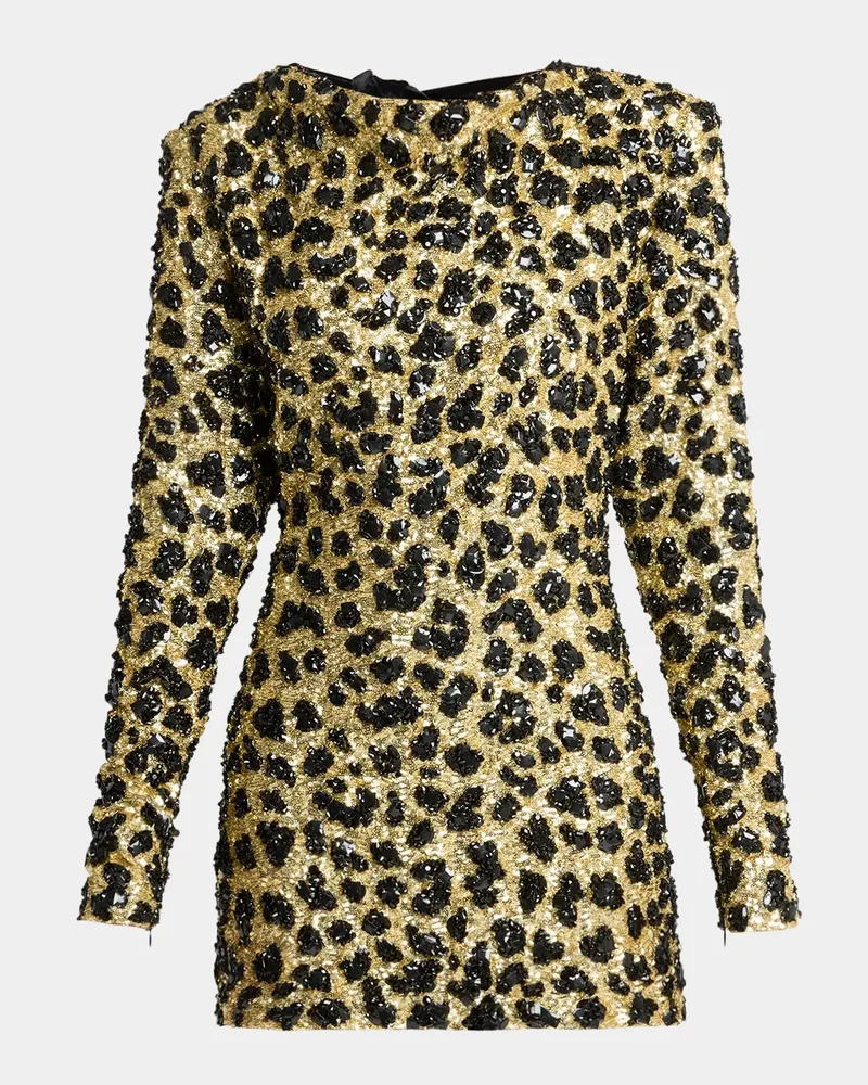 Leopard Embellished Bow-Back Long-Sleeve Mini Dress
