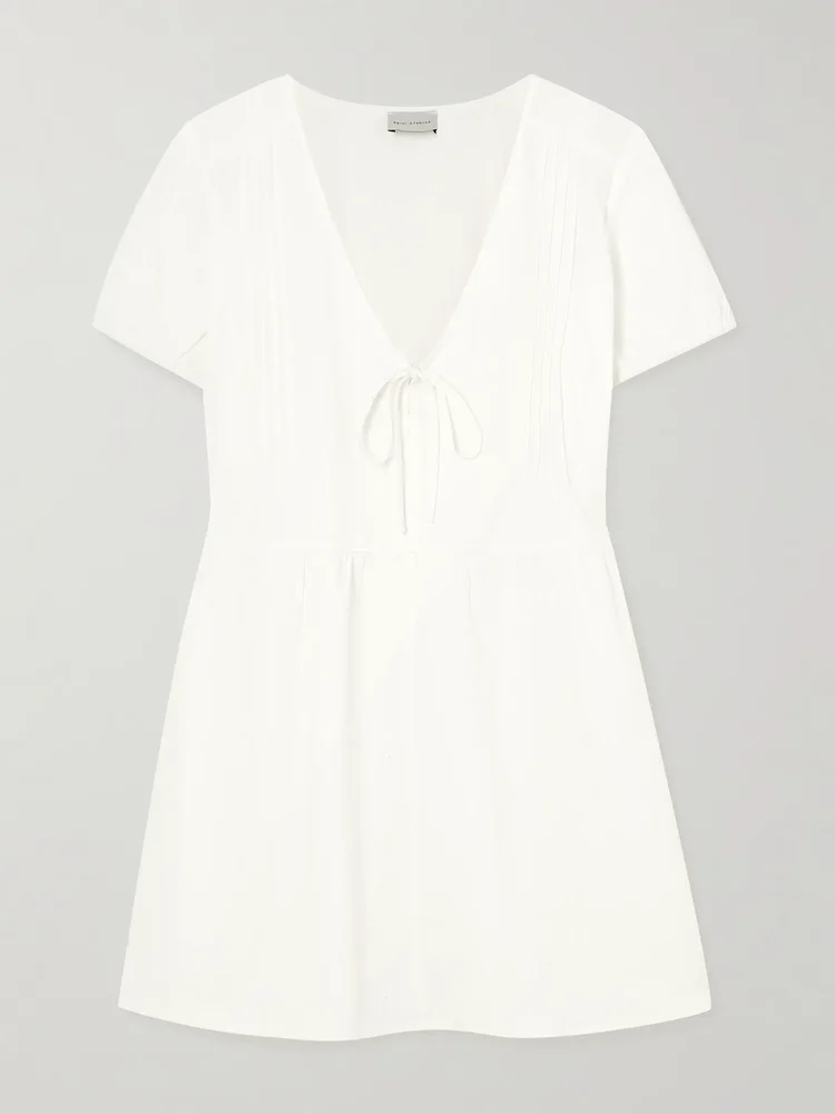 Pintucked tie-detailed organic cotton mini dress