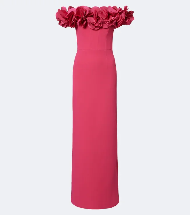 Odetta floral-appliqué off-shoulder crêpe gown