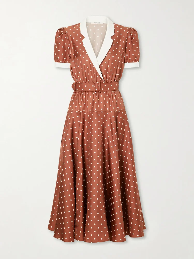 Belted pleated polka-dot crepe-trimmed silk-twill midi dress