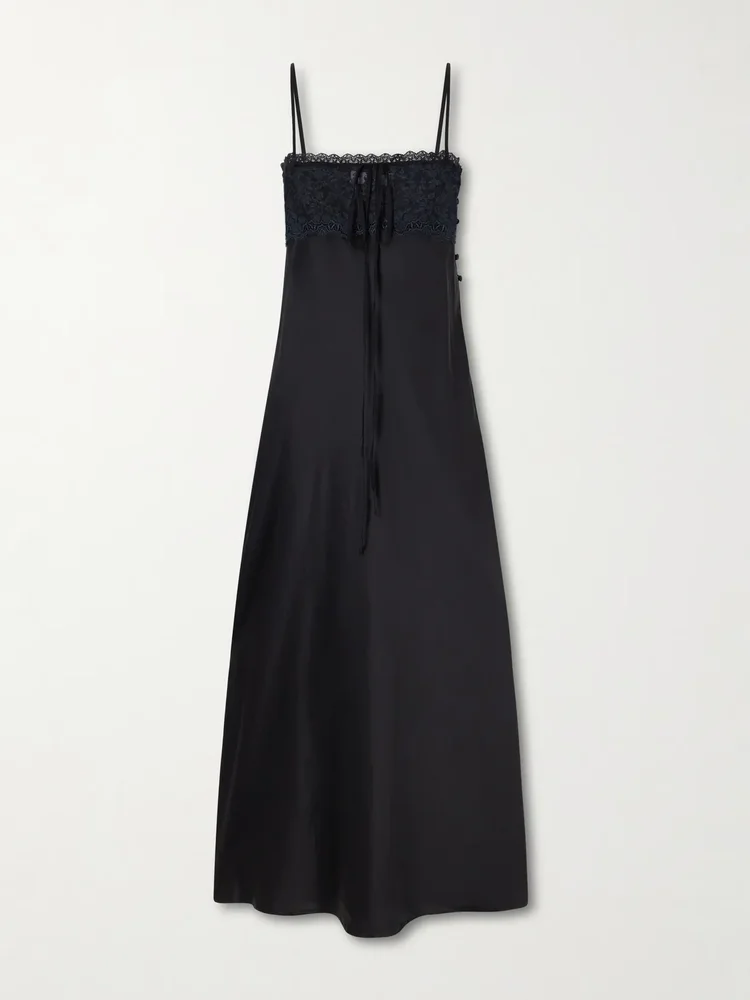lace trimmed silk satin midi dress
