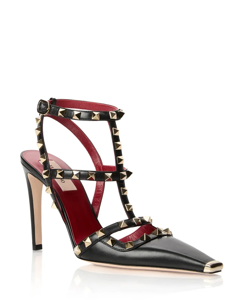 Rockstud Embellished Leather Ankle Strap Pumps
