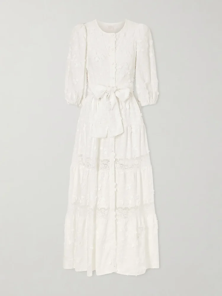 Poppi belted tiered lace-trimmed broderie anglaise cotton maxi dress