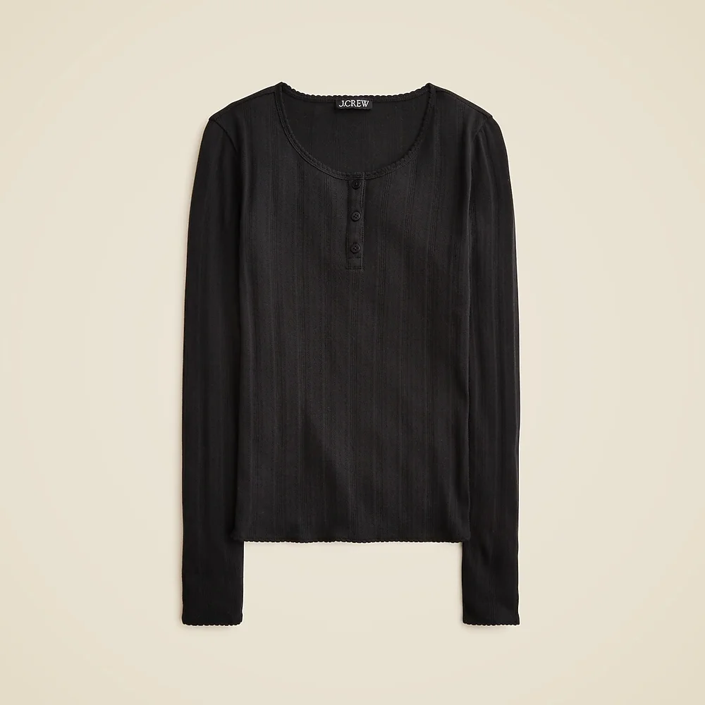 Pointelle long-sleeve henley T-shirt