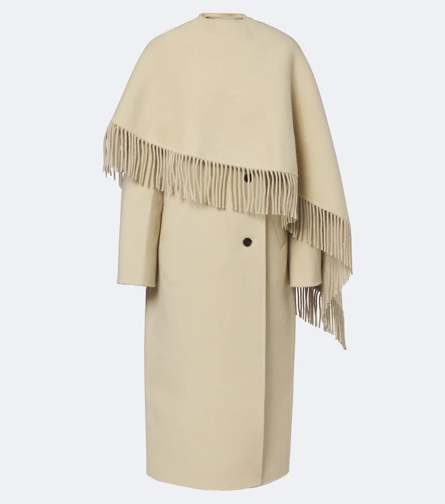 Fringed scarf-detail wool and alpaca coat
