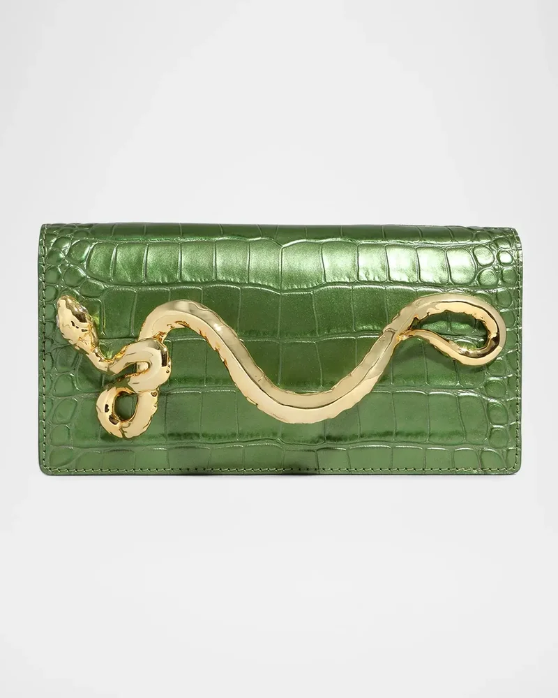 Serpent Pearlized Croc-Embossed Leather Clutch Bag
