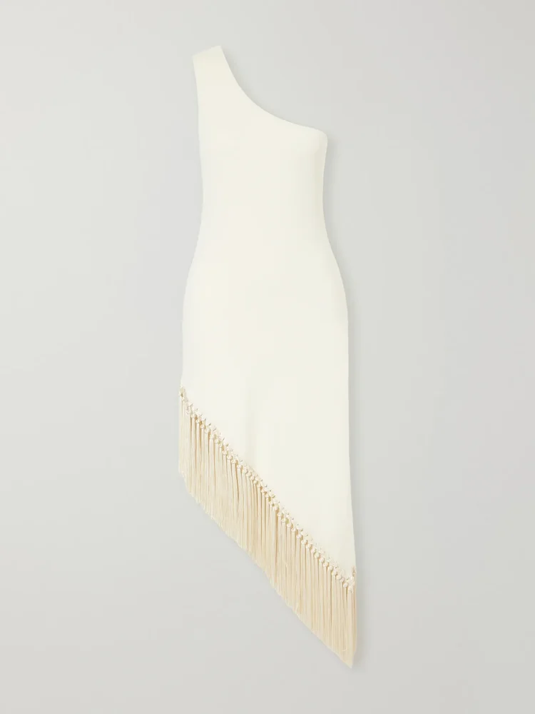 Yacare one-shoulder asymmetrical fringed jersey midi dress