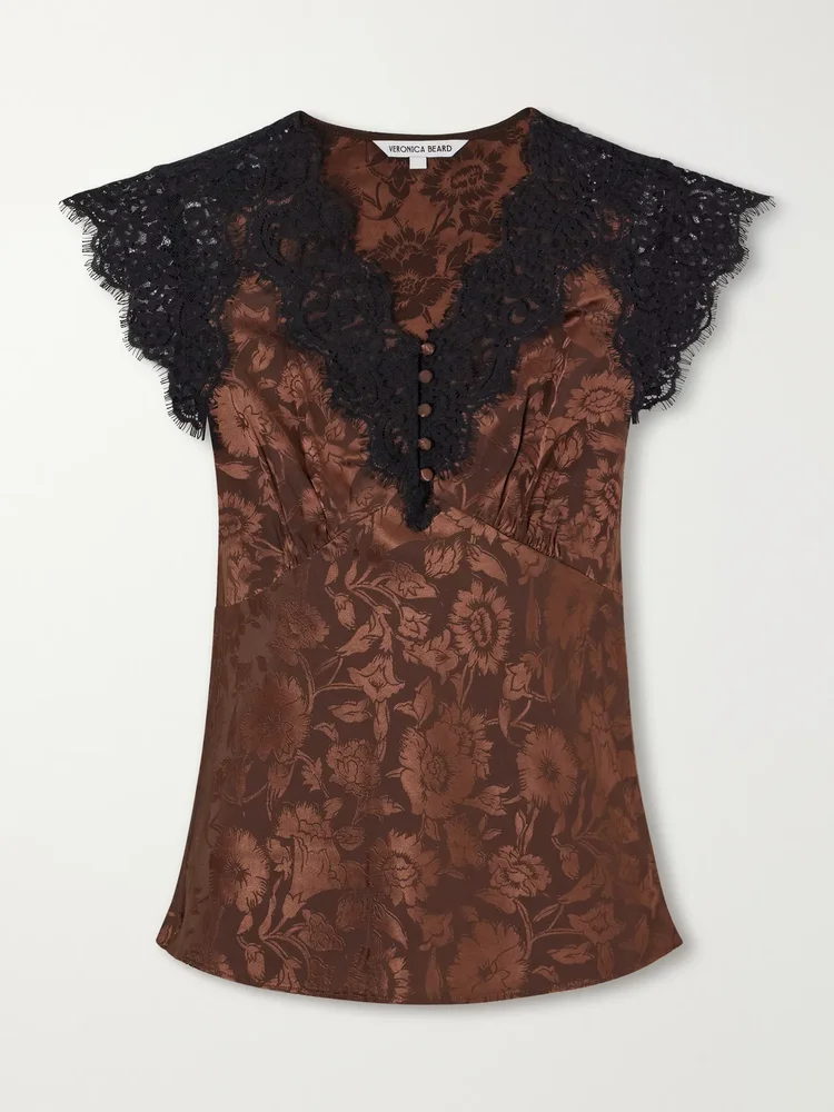 Pascaline lace-trimmed floral-jacquard silk-blend satin blouse