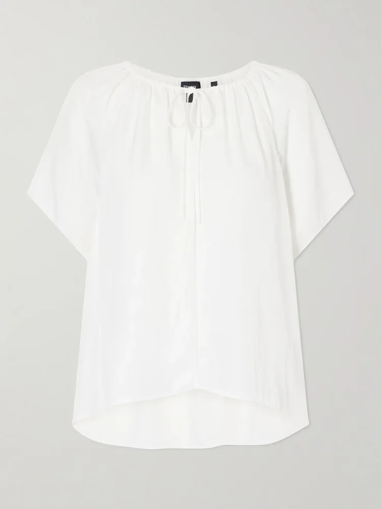 Tie-detailed ruched crepon blouse