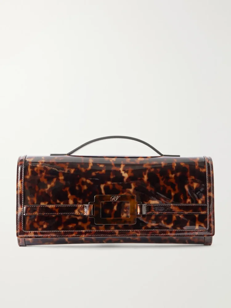 Belle Vivier tortioseshell coated-woven clutch
