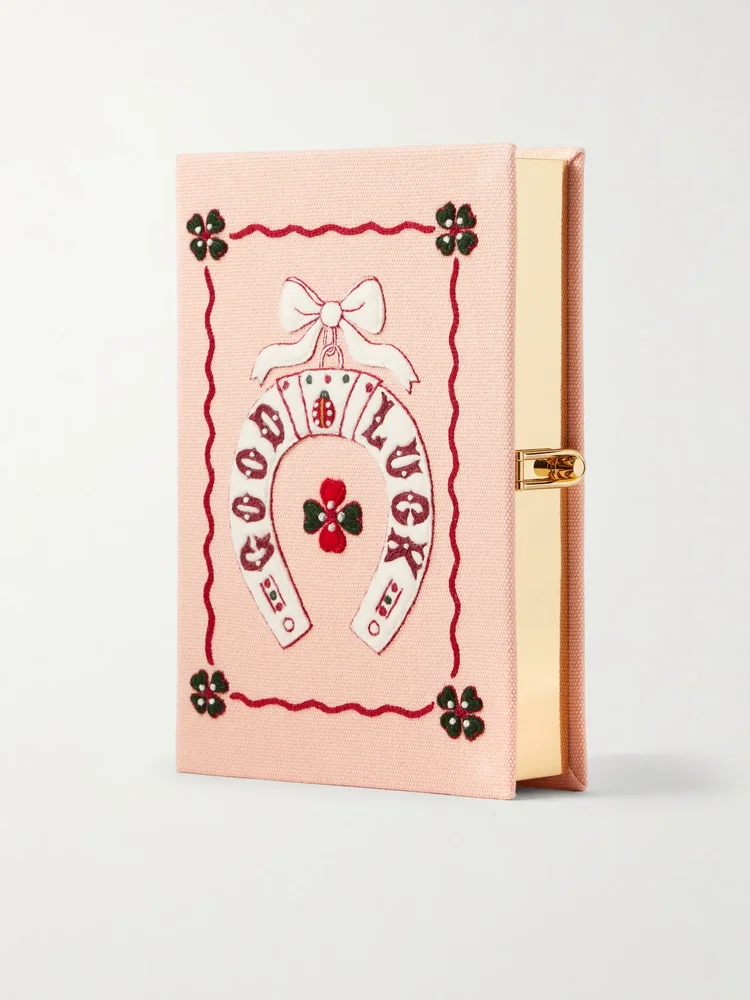 Good Luck embroidered canvas clutch