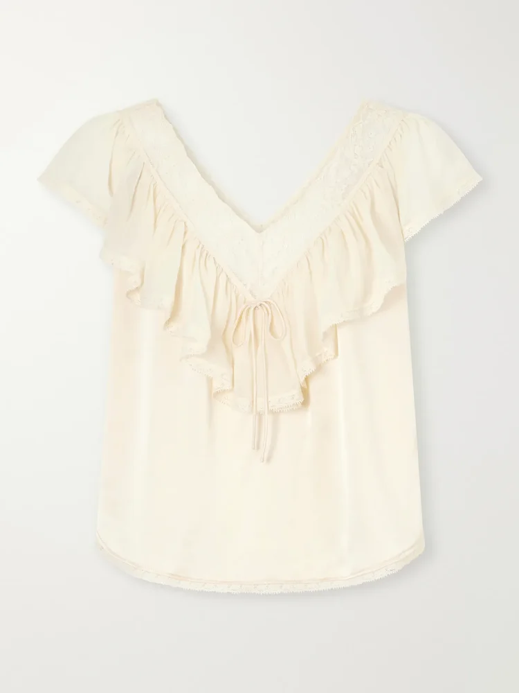 Yadira ruffled lace-trimmed silk blouse