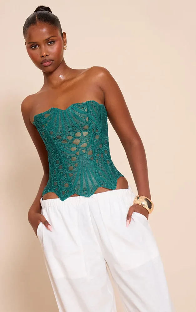 Teal Textured Sheer Floral Lace Corset