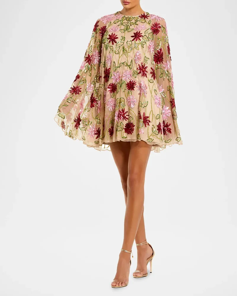 Cocktail Embellished Floral Mesh Cape Minidress