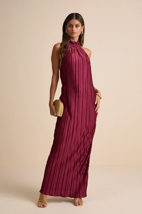 Gwenny Burgundy Satin Plisse Maxi Dress