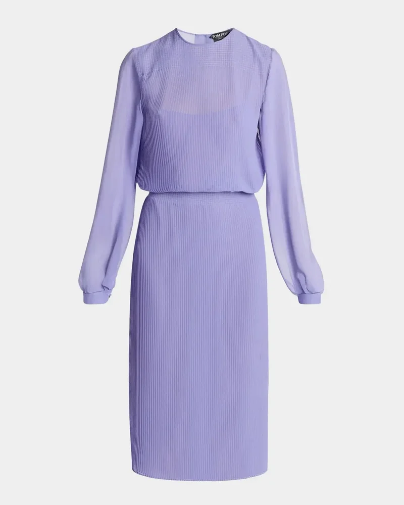 Pervinca Plisse Chiffon Long-Sleeve Midi Dress