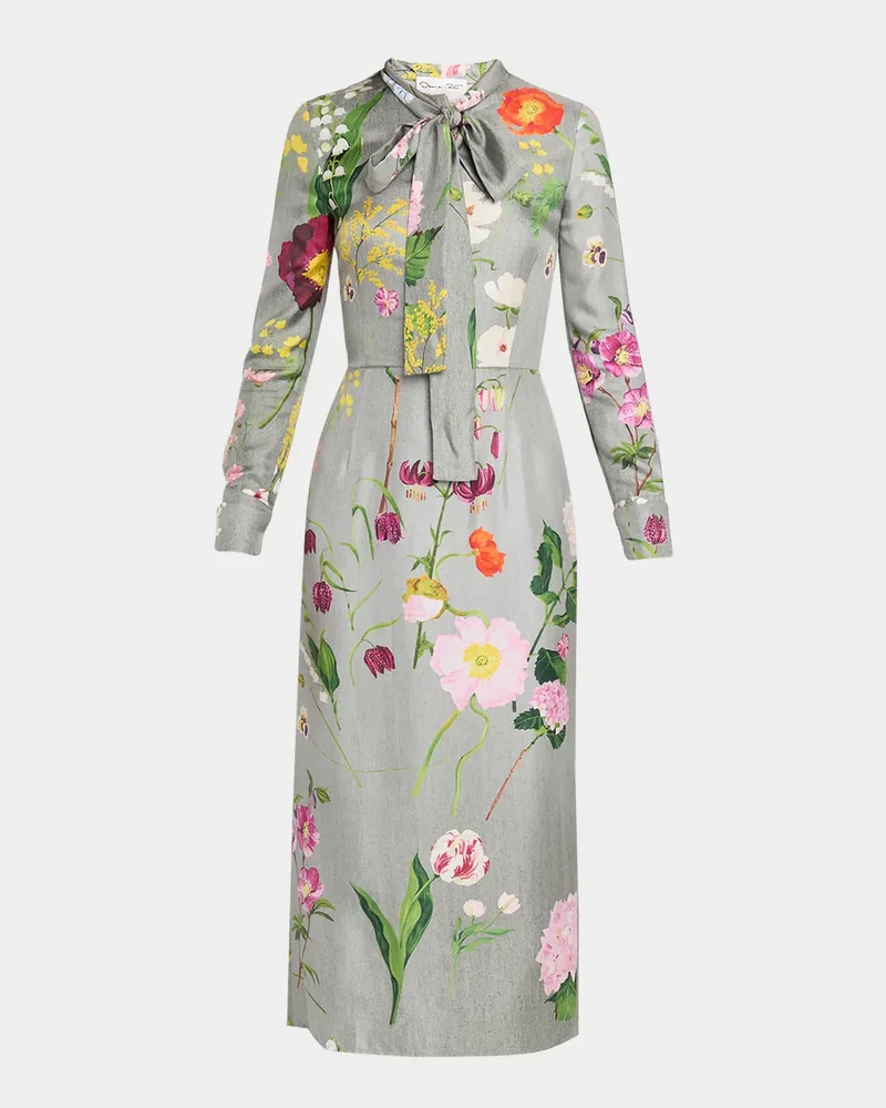 Long-Sleeve Mixed Botanical Silk Scarf-Neck Midi Dress