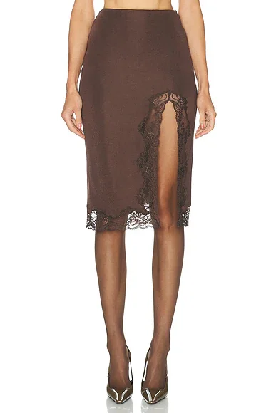 Lace Viscose Knit Slit Knee Length Skirt