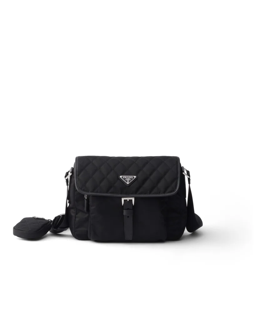Medium Quilted Re-nylon Shoulder Bag With Saffiano Leather Trim