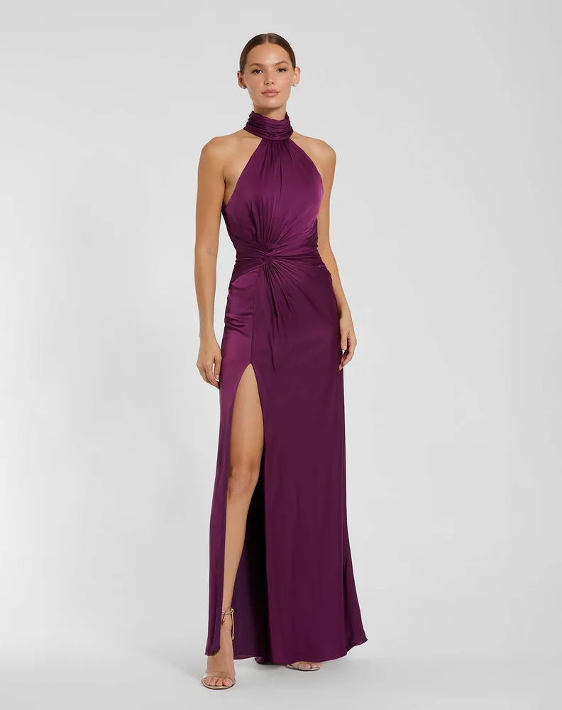 Petite Purple Sleeveless Open Back Satin Gown
