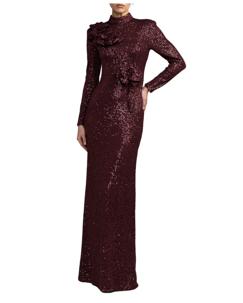 Long Sleeve Flower Detail Sequin Gown