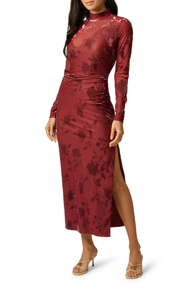 Velvet Burnout Long Sleeve Midi Dress