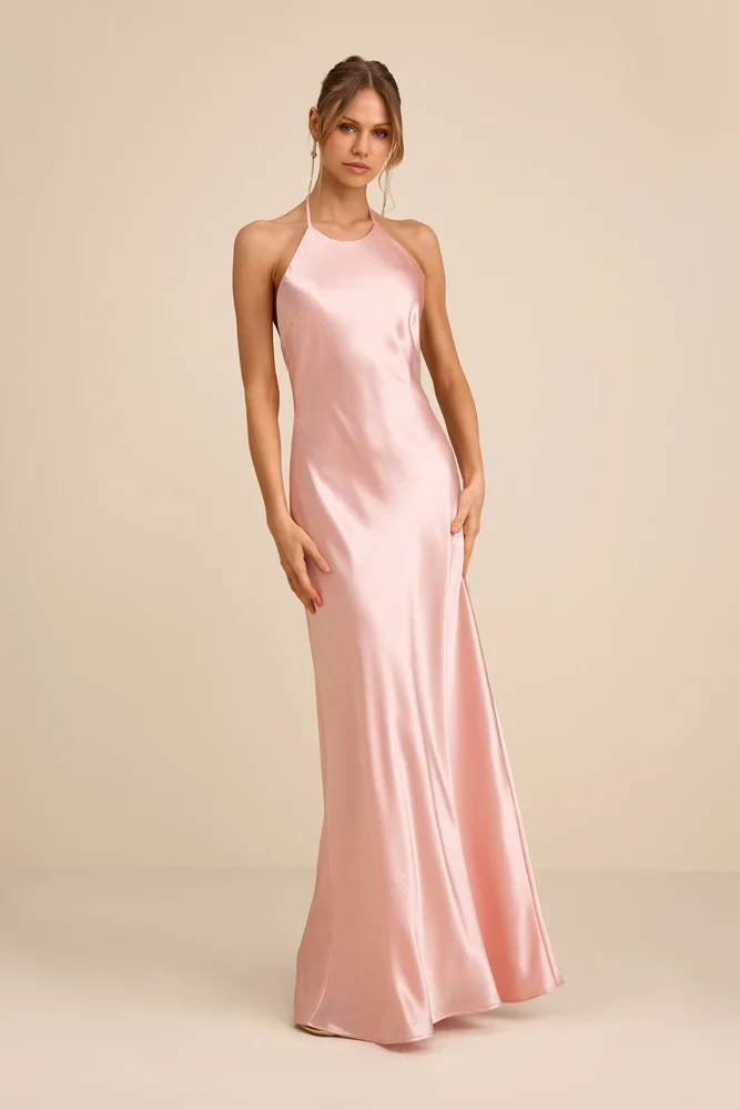 Magnificence Blush Pink Satin Backless Halter Maxi Dress