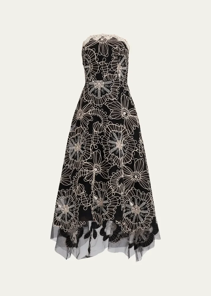 Strapless Floral-Embroidered Tulle Maxi Dress