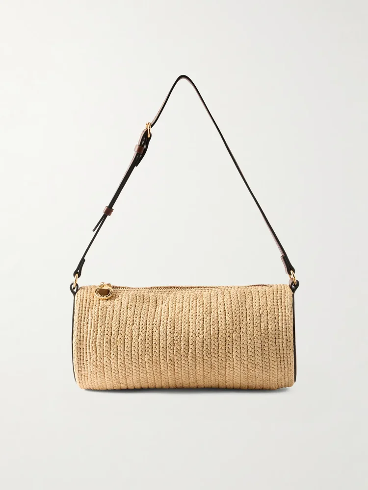 Barrel vegetarian material-trimmed raffia shoulder bag