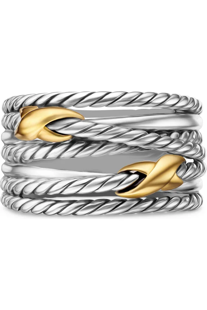 Double X Crossover Ring in Sterling Silver with 18K Yellow Gold, 13mm