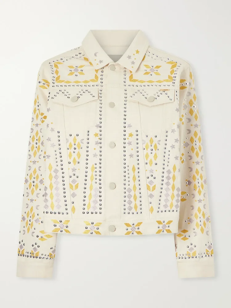 the bruiser appliqued studded denim jacket