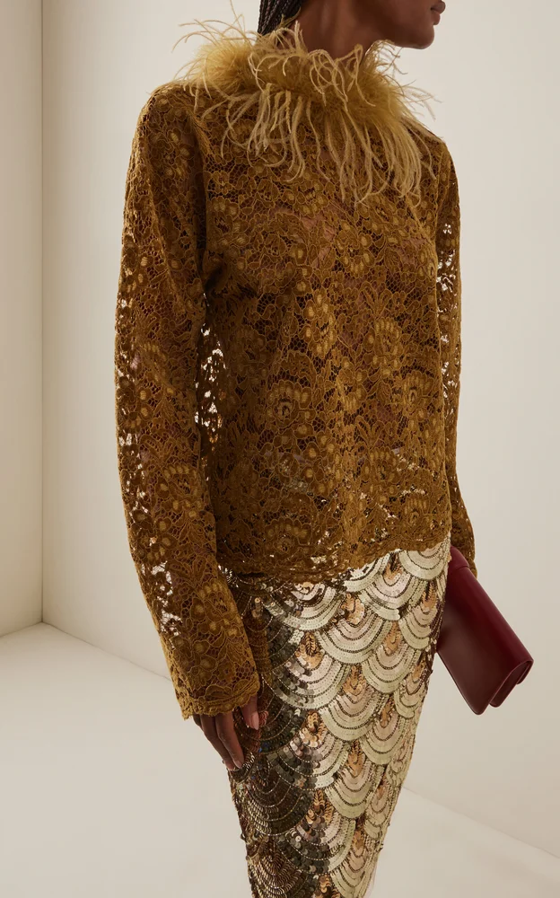 Feather-Trimmed Lace Top