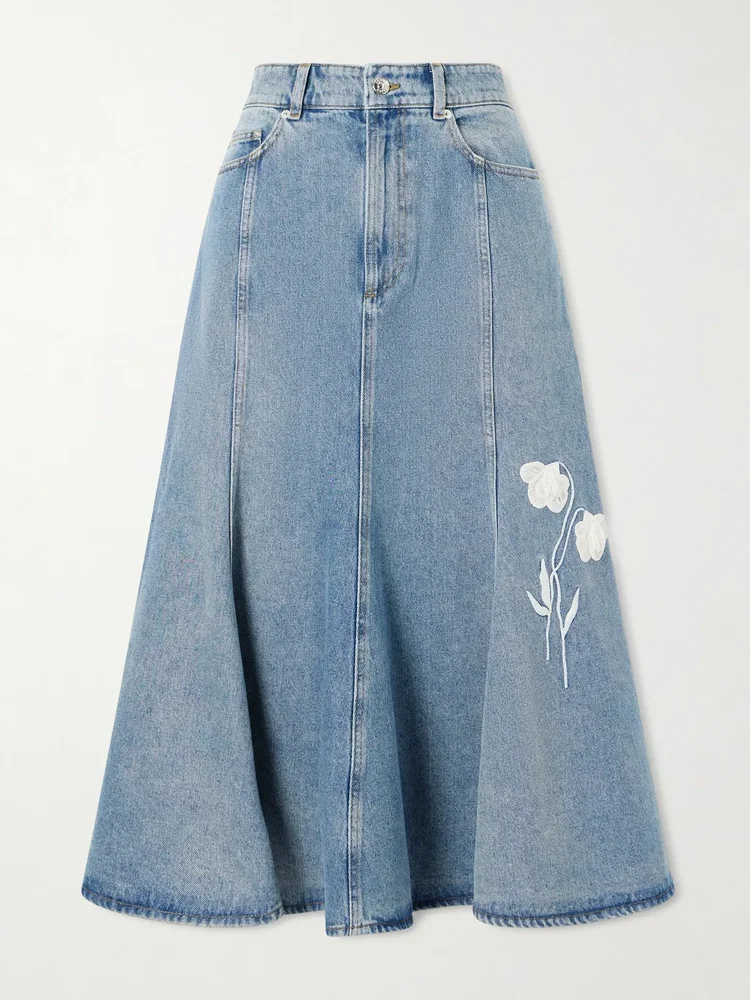 embroidered paneled denim midi skirt