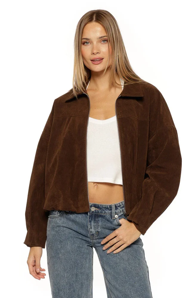 Brookie Brown Suedette Cuff Sleeve Bomber Jacket