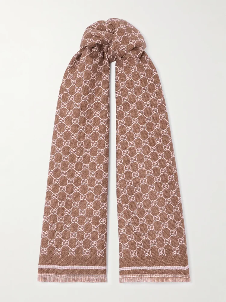 fringed metallic wool jacquard scarf