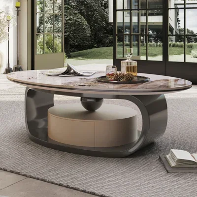 55" Modern Oval Faux Marble Coffee Table with Sled Base & Storage Drawer, Sintered Stone Top, Vintage-Inspired Center Table
