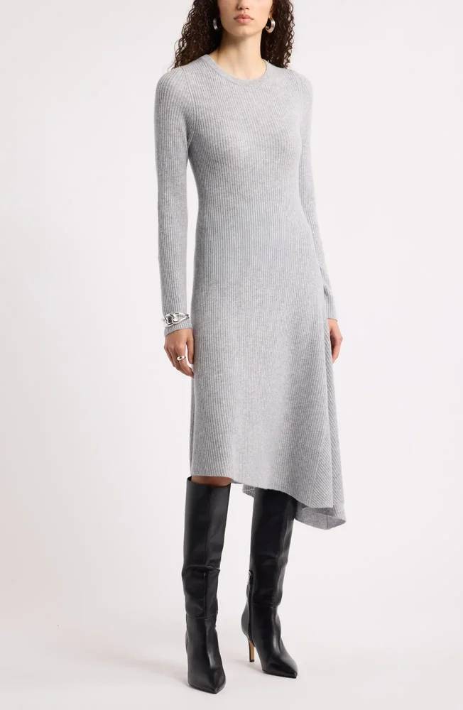 Asymmetric Wool & Cashmere Ribbed Midi Sweater Dress