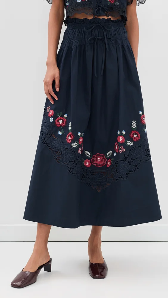 Embroidered Floral Elasticated Midi Skirt