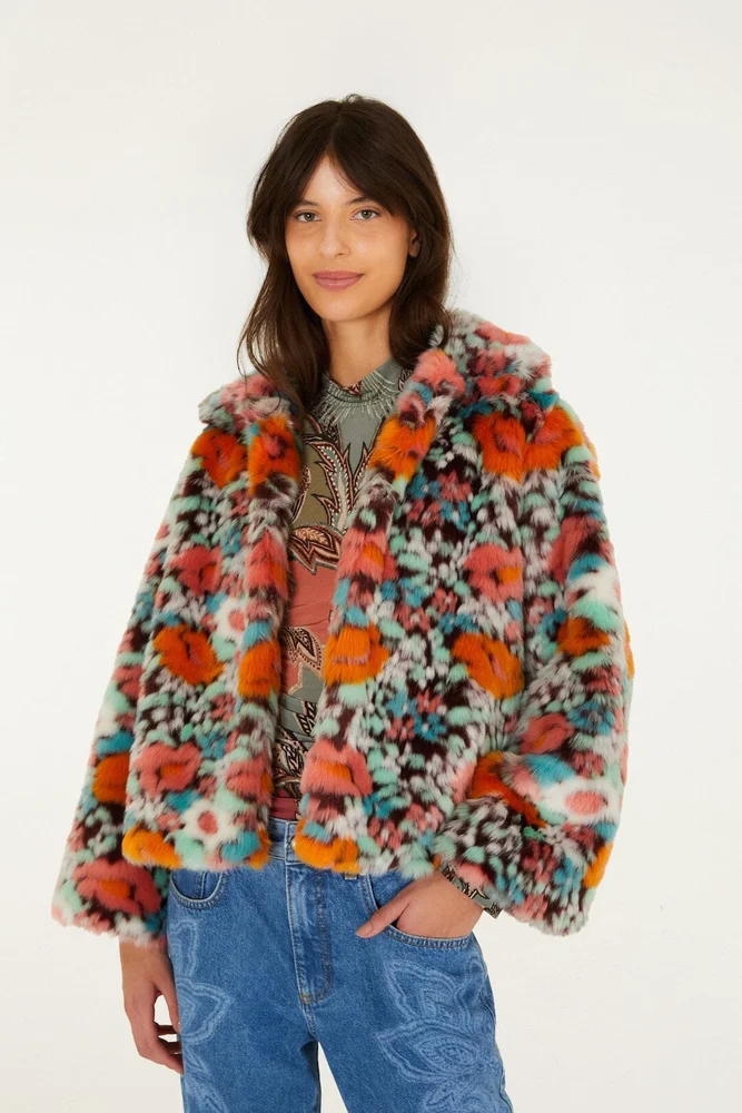 FARM RIO Floral Faux Fur Crop Jacket