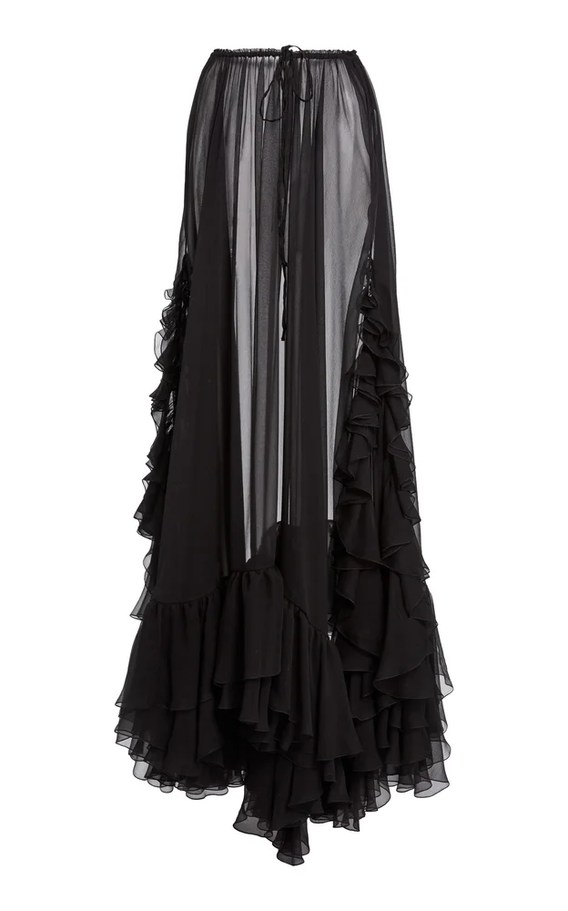 Ruffled Organic Silk Mousseline Maxi Drawstring Skirt
