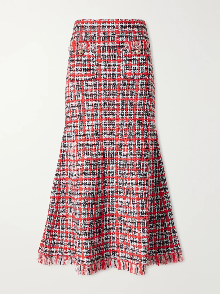 Frayed cotton-blend tweed midi skirt