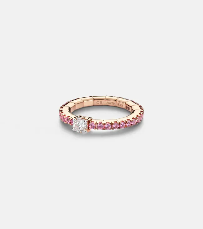 Stretchy 18kt rose gold ring with diamond and sapphires
