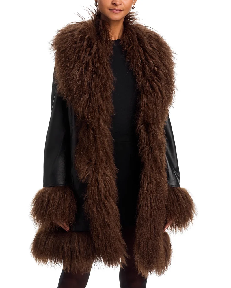 Dorothy Leather & Shearling Trim Midi Coat