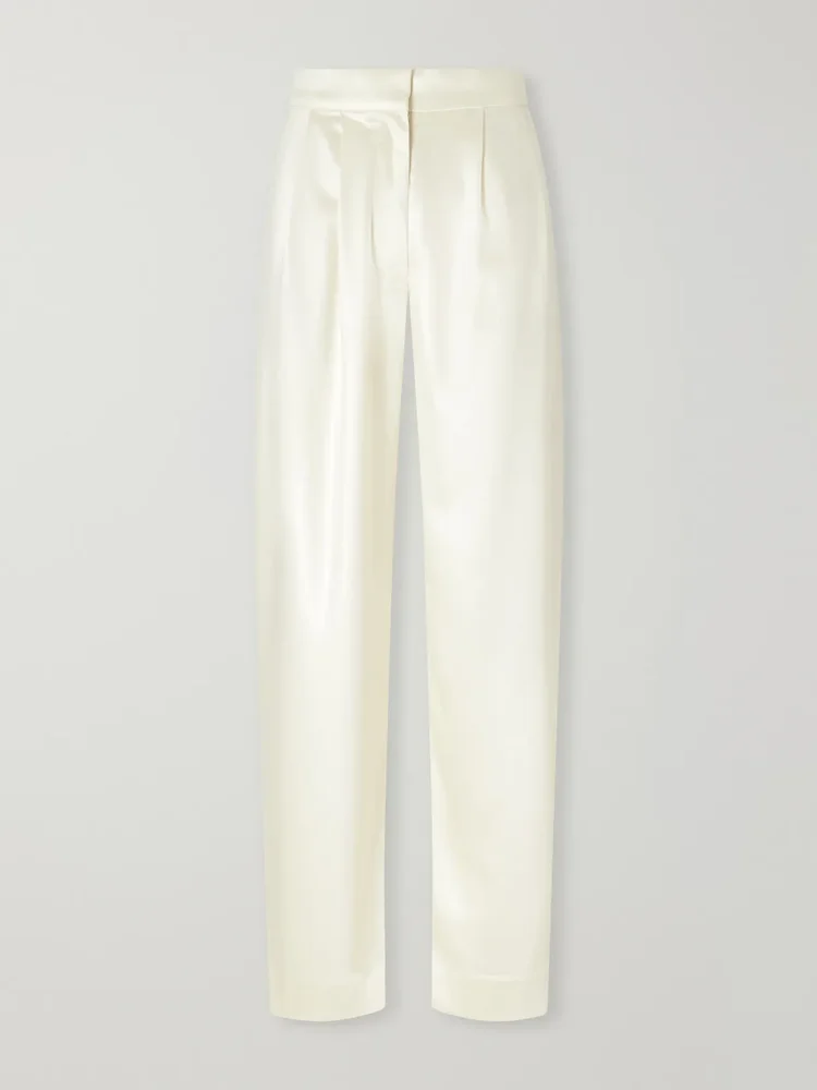 Pleated satin high-waist barrel-leg pants