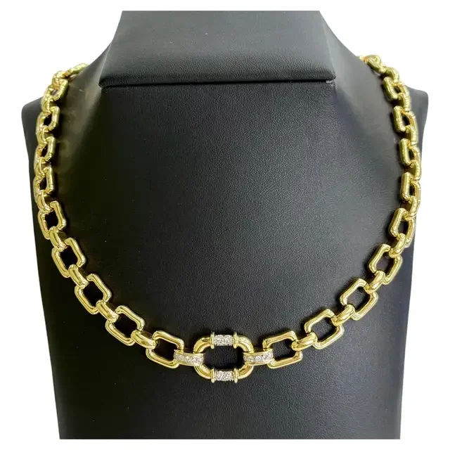 1970's Cartier Diamond Necklace 18k Yellow Gold Square Link
