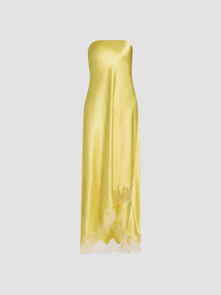 Alexandria Strapless Lace-Trimmed Satin Midi-Dress