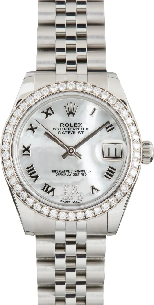 Pre-Owned Rolex Datejust 31 178384 White Mother of Pearl Dial Diamond Bezel Stainless Steel