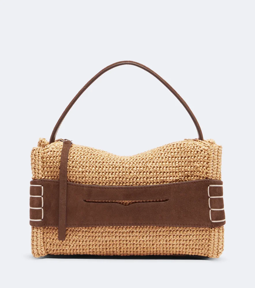 Loafer Small suede-trimmed raffia top-handle bag
